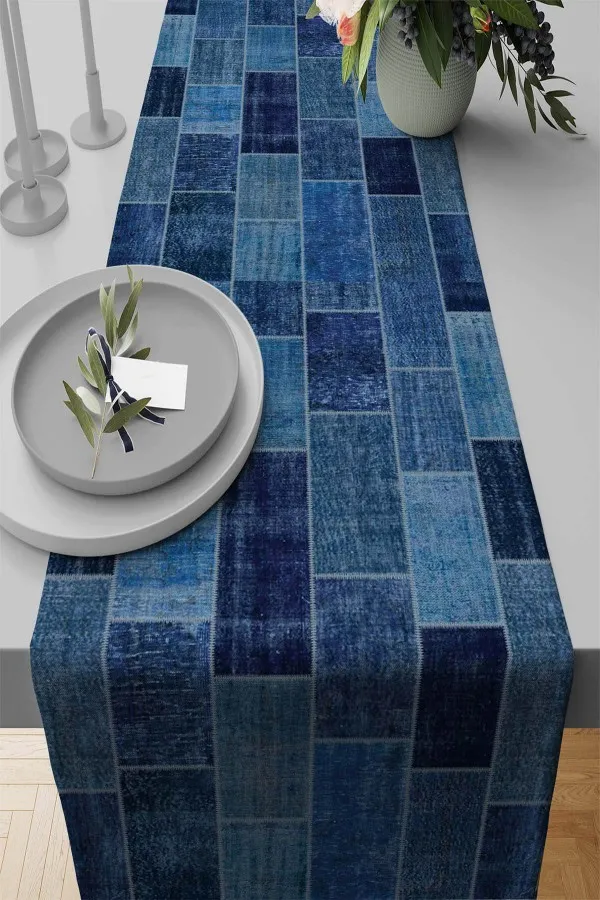 Patchwork Runner Modelleri Mavi Patchwork Desenli Premium Masa Örtüsü Runner RNR297