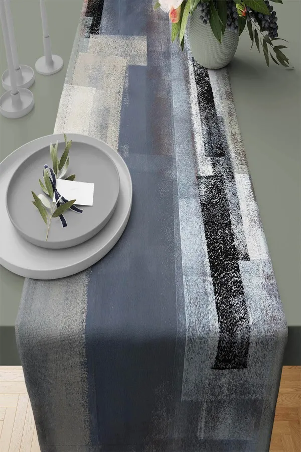 Gri Runner Gri Modern Desenli Premium Masa Örtüsü Runner RNR312