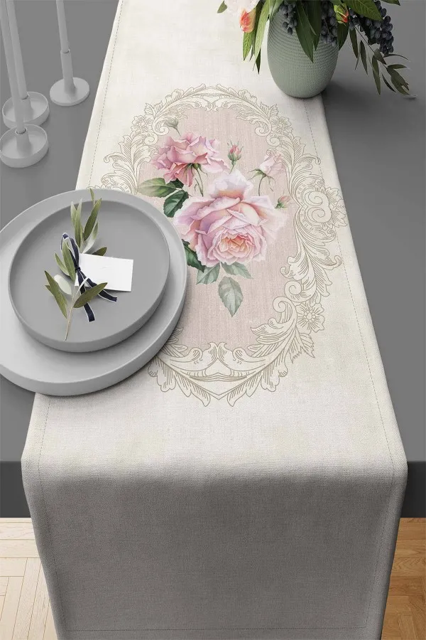 Ranır Masa Ortusu Bej Çiçek Desenli Premium Masa Örtüsü Runner RNR314