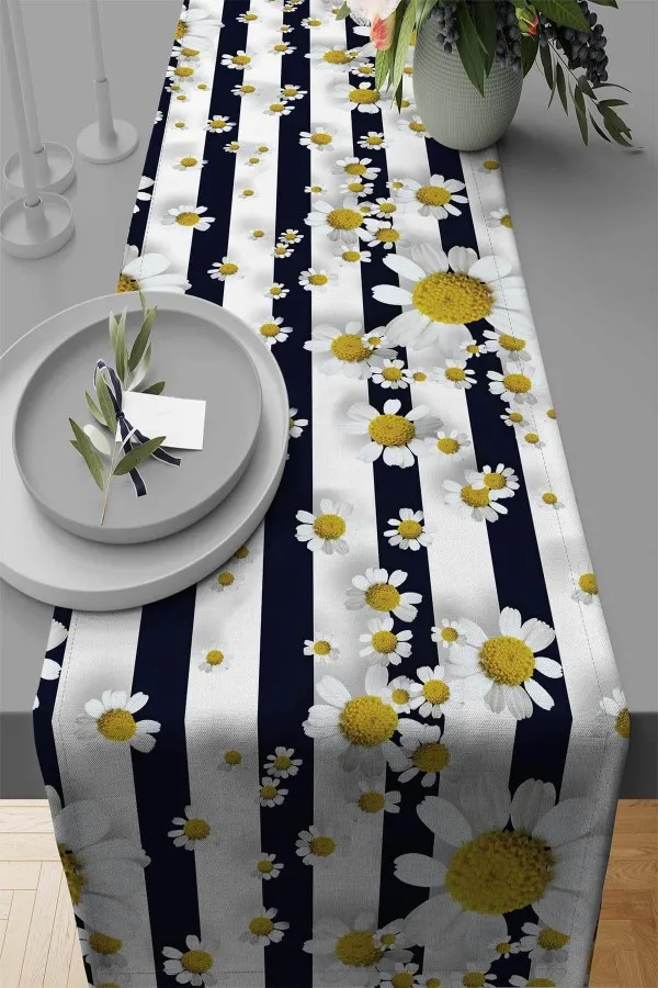 Papatya Desenli Runner Sarı Papatya Desenli Premium Masa Örtüsü Runner RNR319