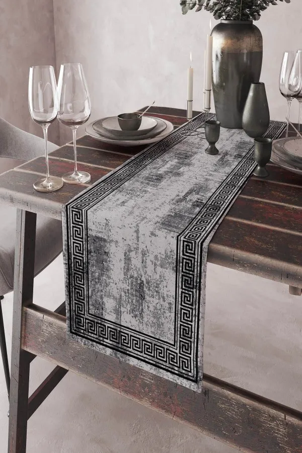 Gri Runner Gri Çerçeveli Desen Premium Masa Örtüsü Runner RNR324