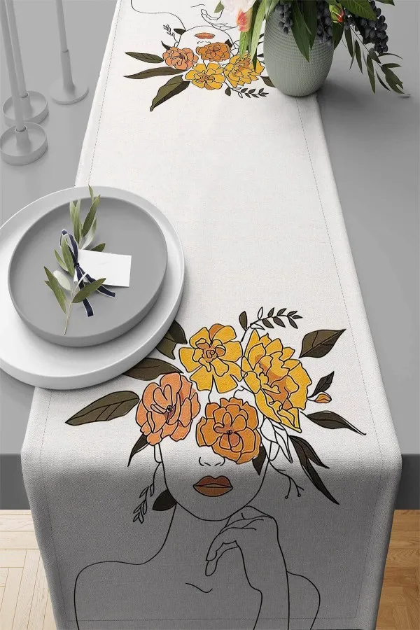 Modern Runner Masa Örtüsü Krem Modern Desenli Premium Masa Örtüsü Runner RNR341