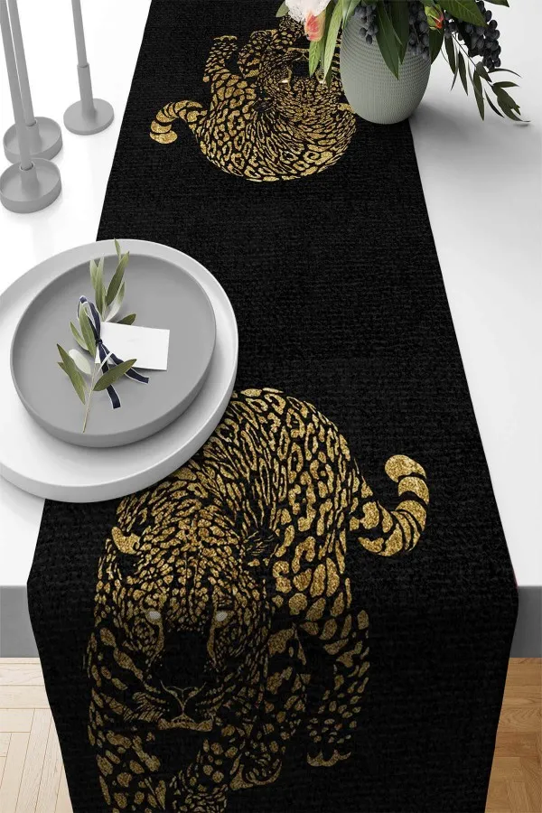 Siyah Runner Siyah Leopar Desenli Premium Masa Örtüsü Runner RNR355