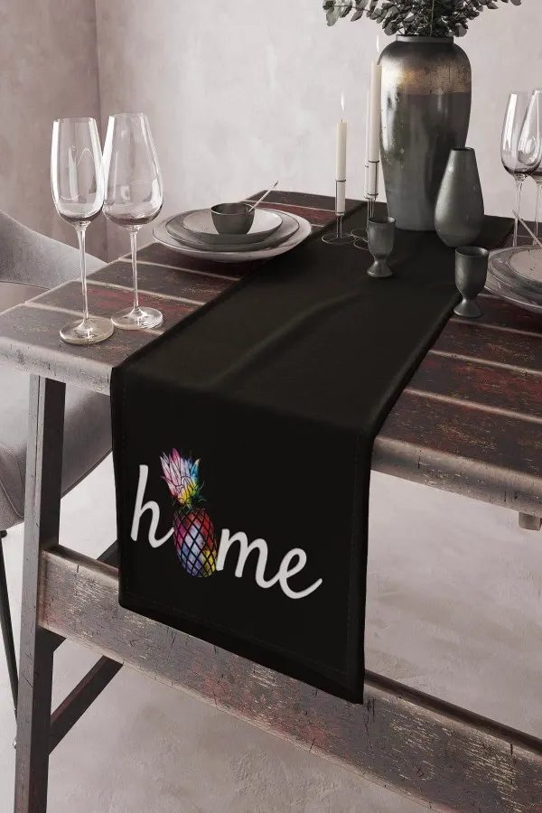 Siyah Runner Siyah Mutfak Home Yazılı Premium Masa Örtüsü Runner RNR358