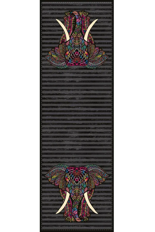 Koyu Gri Runner Füme Etnik Fil Desenli Premium Masa Örtüsü Runner RNR359