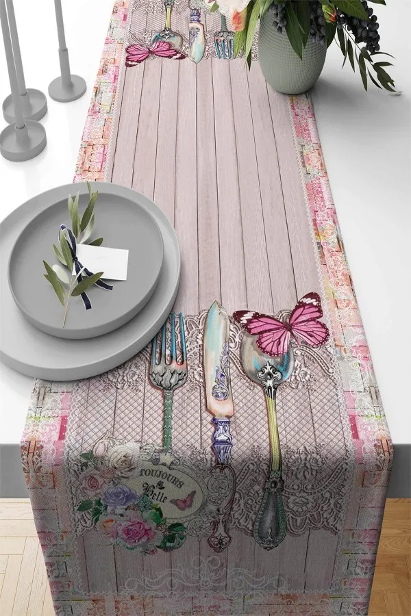 Pembe Runner Örtü Pembe Mutfak Temalı Premium Masa Örtüsü Runner RNR360