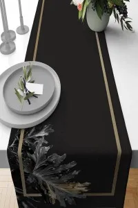 Siyah Yapraklı Desen Premium Masa Örtüsü Runner RNR361 Siyah Yapraklı Desen Premium Masa Örtüsü Runner RNR361