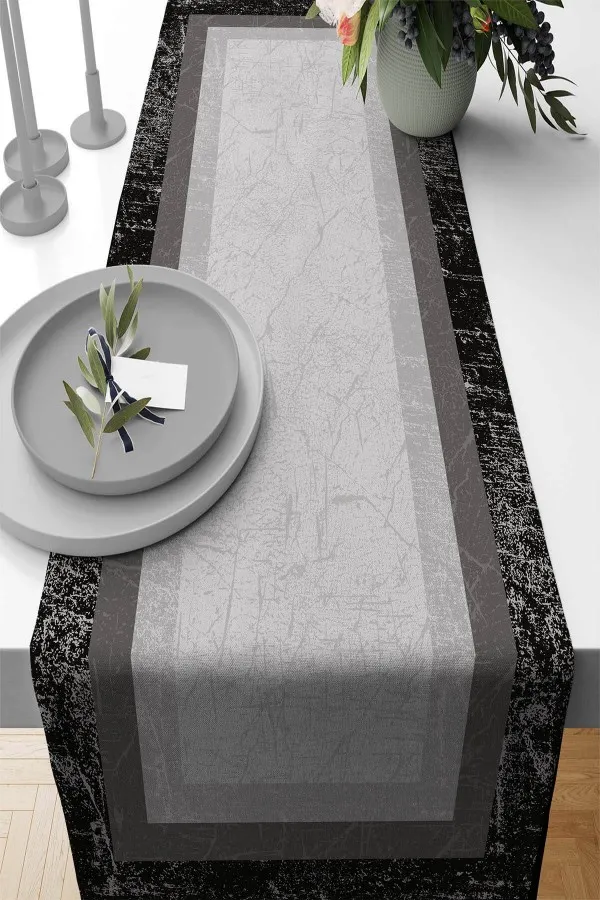 Gri Runner Gri Çerçeveli Desen Premium Masa Örtüsü Runner RNR365