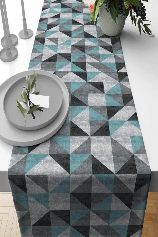 Yuvarlak Masa İçin Runner Turkuaz Geometrik Desenli Premium Masa Örtüsü Runner RNR379
