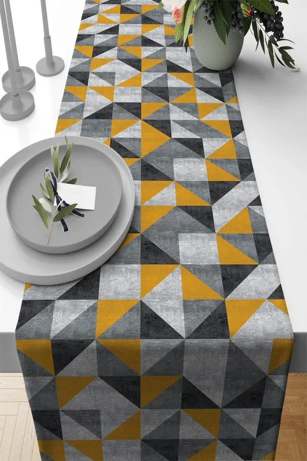 Ranır Supla Modelleri Sarı Geometrik Desenli Premium Masa Örtüsü Runner RNR380
