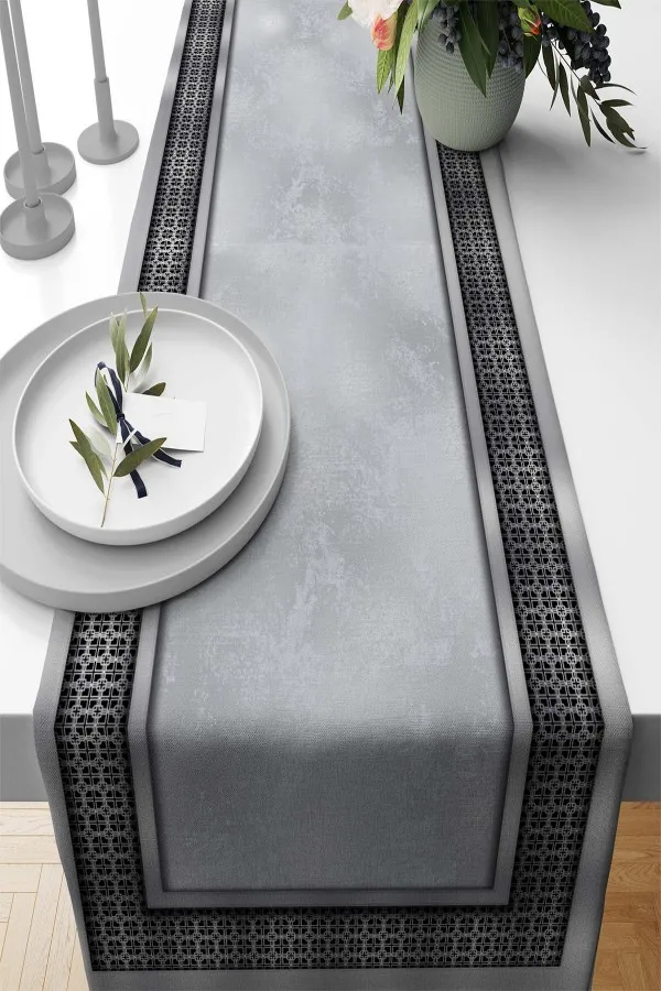 Gri Çerçeveli Desen Premium Masa Örtüsü Runner RNR397