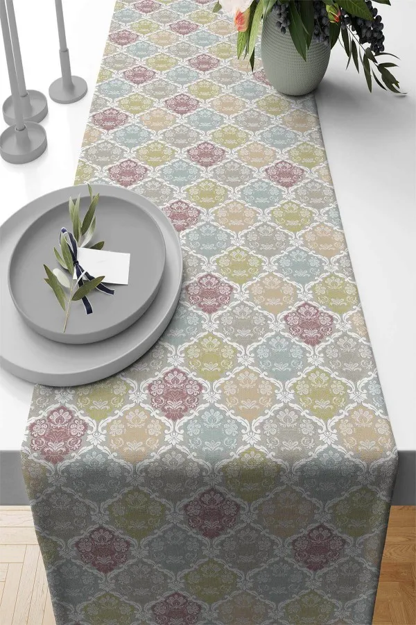 Renkli Runner Modelleri Çok Renkli Damask Premium Masa Örtüsü Runner RNR416