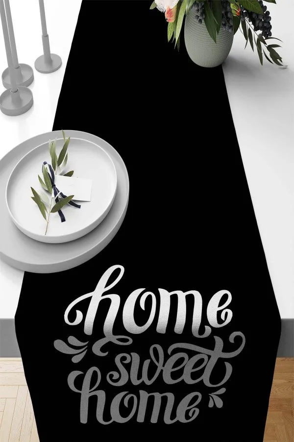 Siyah Runner Siyah Home Sweet Home Premium Masa Örtüsü Runner RNR426