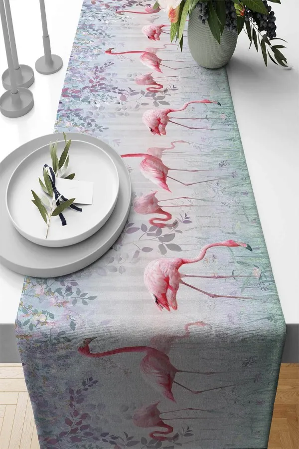 Ranır Örtü Pembe Flamingo Desenli Premium Masa Örtüsü Runner RNR428