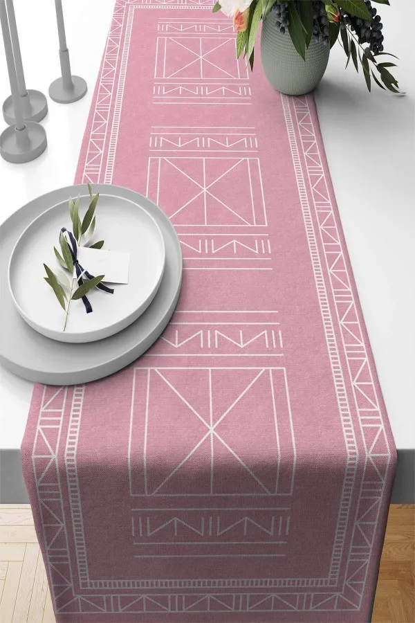 Otantik Runner Modelleri Pembe Etnik Desenli Premium Masa Örtüsü Runner RNR429