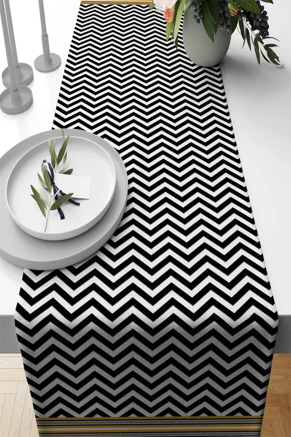 Siyah Ranır Siyah Zigzag Desenli Premium Masa Örtüsü Runner RNR433