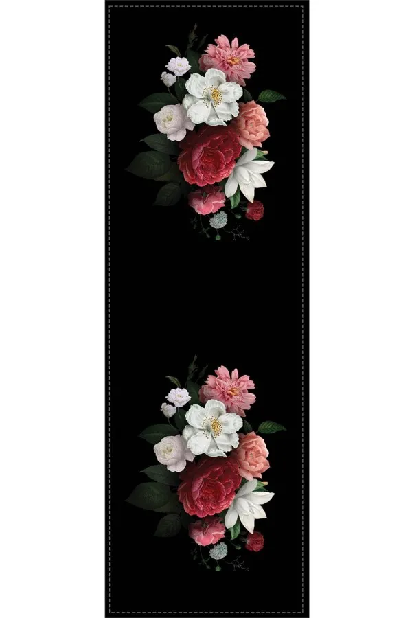 Siyah Runner Siyah Çiçek Desenli Premium Masa Örtüsü Runner RNR436