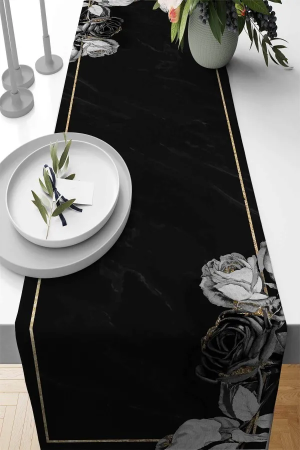 Siyah Runner Siyah Çiçekli Desen Premium Masa Örtüsü Runner RNR447