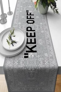 Gri Keep Off Desenli Premium Masa Örtüsü Runner RNR452