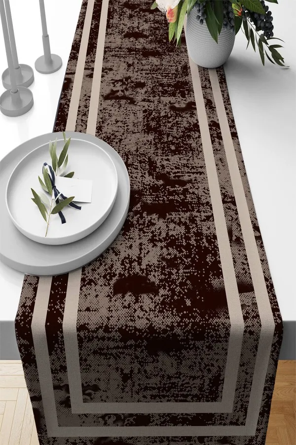 Ranır Masa Örtüleri Modelleri Kahve Çerçeveli Desen Premium Masa Örtüsü Runner RNR520
