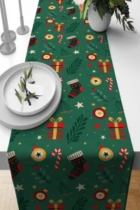 Yeşil Christmas Desenli Premium Masa Örtüsü Runner RNR542 Yeşil Christmas Desenli Premium Masa Örtüsü Runner RNR542