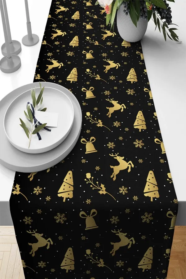 Siyah Runner Siyah Christmas Desenli Premium Masa Örtüsü Runner RNR545