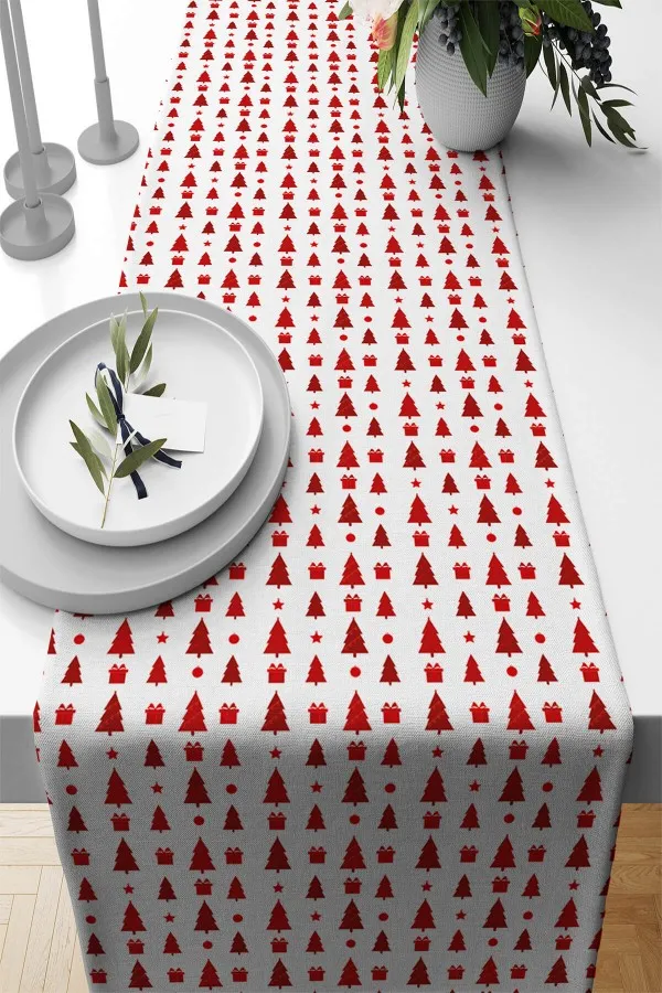 Yılbaşı Desenli Runner Kırmızı Christmas Desen Premium Masa Örtüsü Runner RNR558