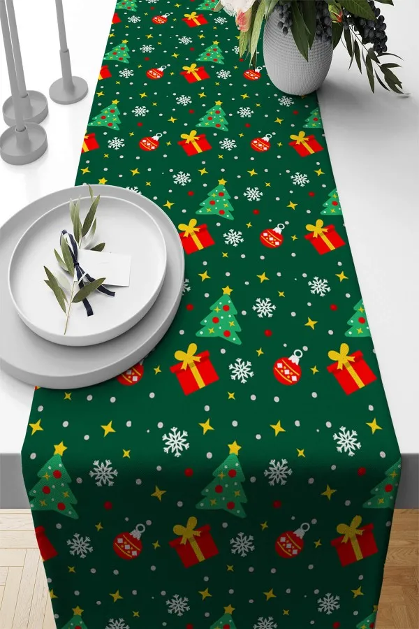 Yılbaşı Masa Örtüsü Runner Yeşil Christmas Desen Premium Masa Örtüsü Runner RNR563