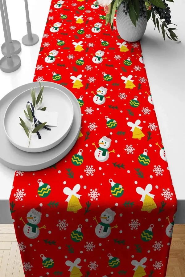 Yılbaşı Desenli Runner Kırmızı Christmas Desen Premium Masa Örtüsü Runner RNR565