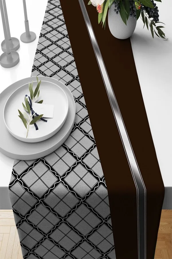 Tropikal Desenli Runner Kahverengi Ekoseli Desen Premium Masa Örtüsü Runner RNR589