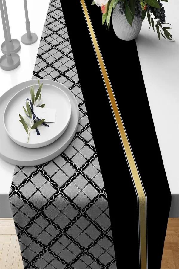 Siyah Runner Siyah Ekoseli Desen Premium Masa Örtüsü Runner RNR597