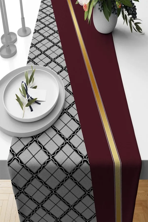 Yemek Masası Runner Modelleri Bordo Ekoseli Desen Premium Masa Örtüsü Runner RNR600