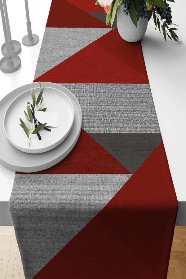 Ranır Örtü Modelleri Kırmızı Geometrik Desenli Premium Masa Örtüsü Runner RNR605