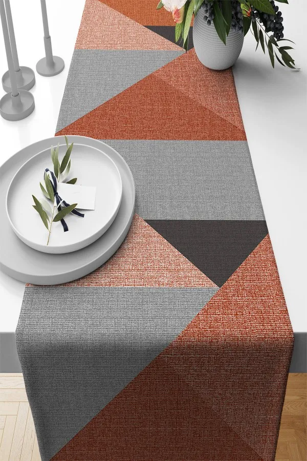 Geometrik Desenli Runner Tarçın Geometrik Desenli Premium Masa Örtüsü Runner RNR607