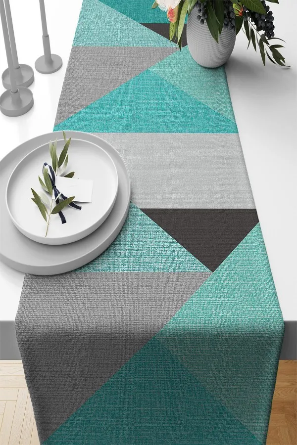 Ranır Masa Örtüsü Modelleri Turkuaz Geometrik Desenli Premium Masa Örtüsü Runner RNR608