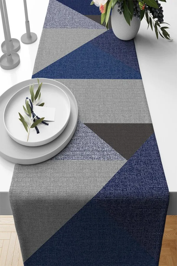 Ranır Modelleri Kumaş Lacivert Geometrik Desenli Premium Masa Örtüsü Runner RNR610