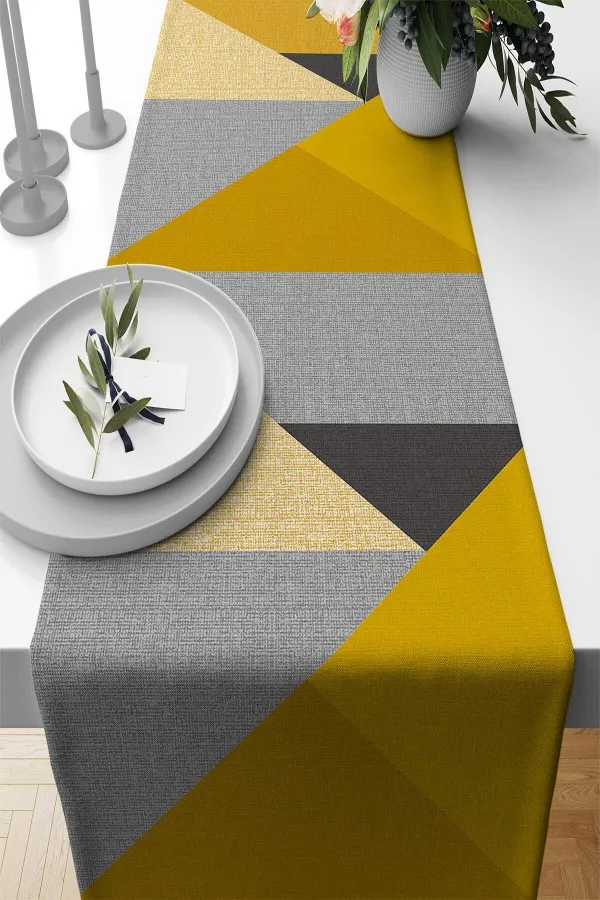 Runner Ve Supla Modelleri Hardal Geometrik Desenli Premium Masa Örtüsü Runner RNR611