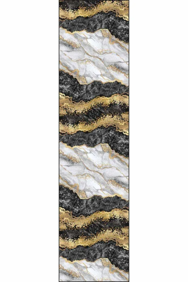 Eni 70 Cm Yolluk Siyah Gold Kaymaz Mermer Desen Özel Ölçü Rulo Yolluk AR263