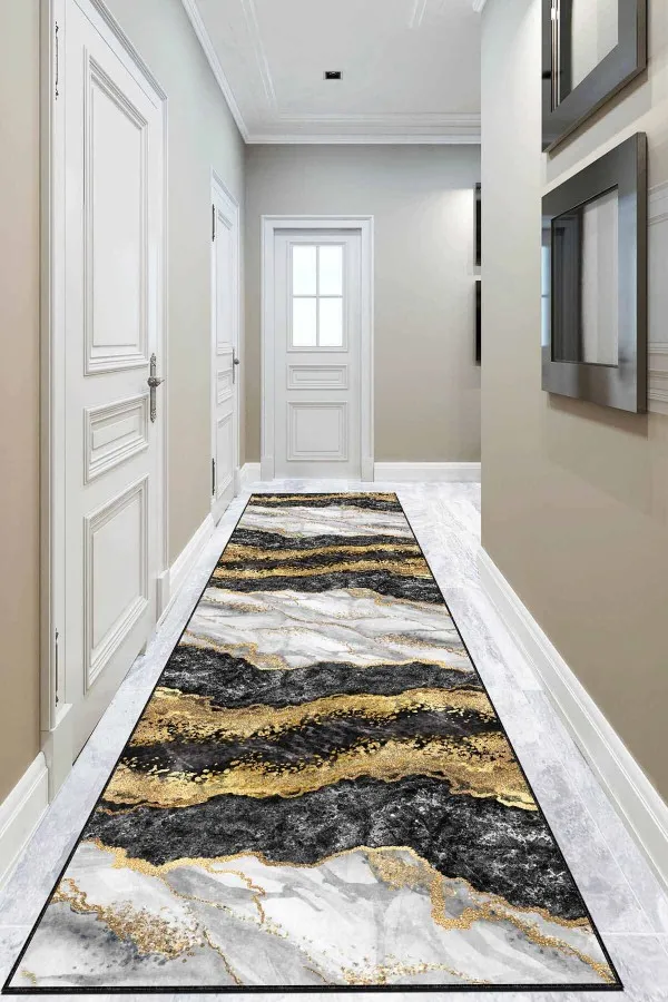 Eni 70 Cm Yolluk Siyah Gold Kaymaz Mermer Desen Özel Ölçü Rulo Yolluk AR263