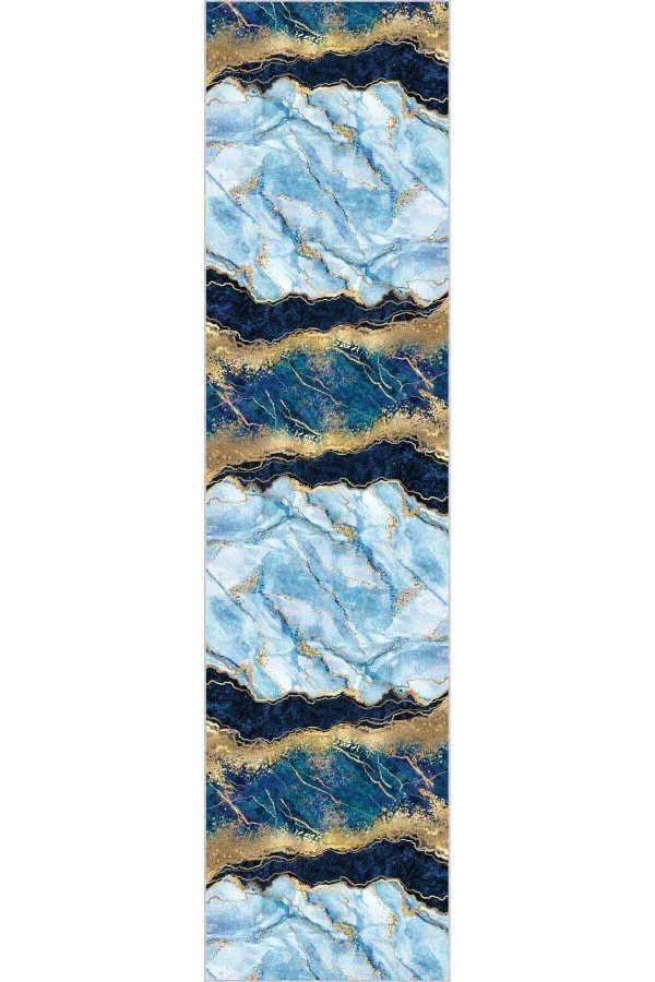 80X300 Cm Yolluk Mavi Gold Kaymaz Mermer Desen Özel Ölçü Rulo Yolluk AR264