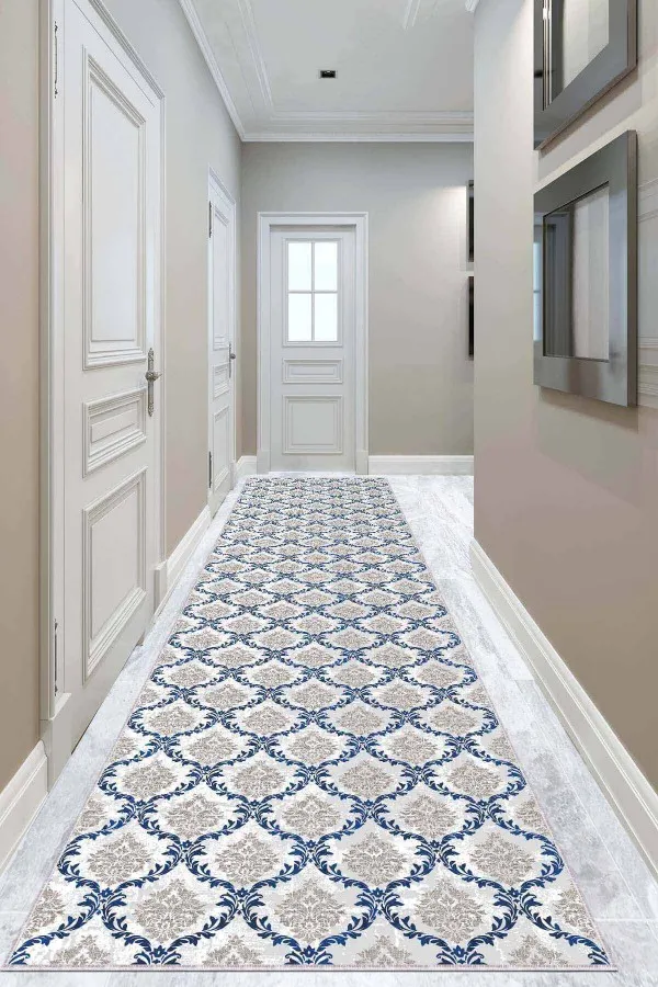 80X150 Yolluk Mavi Kaymaz Taban Damask Kesme Rulo Özel Ölçülü Yolluk AR347