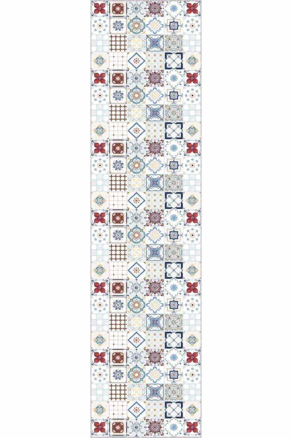 80 Cm Kaymaz Yolluk Kırmızı Kaymaz Çini Desen Kesme Rulo Özel Ölçü Yolluk AR454