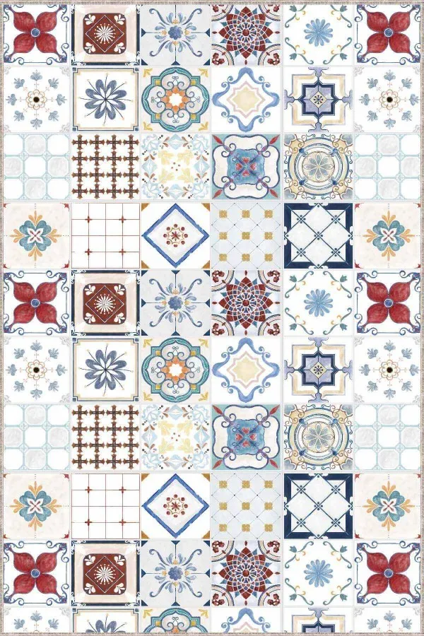 80 Cm Kaymaz Yolluk Kırmızı Kaymaz Çini Desen Kesme Rulo Özel Ölçü Yolluk AR454