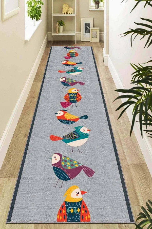 90 Cm Eninde Yolluk Çok Renkli Kaymaz Kuşlu Kesme Rulo Özel Ölçülü Yolluk AR467