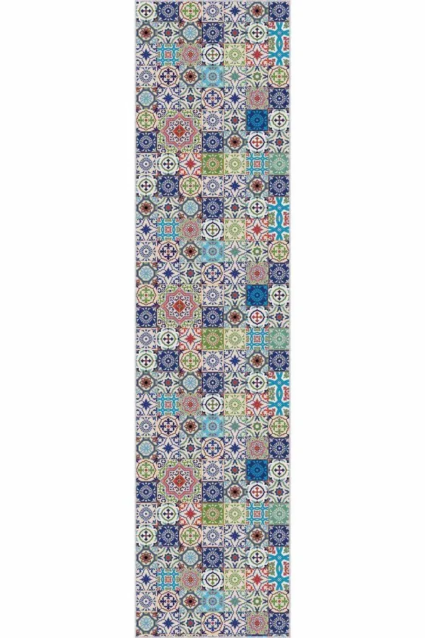 4 Metre Kilim Yolluk Renkli Kaymaz Çini Desen Kesme Rulo Özel Ölçülü Yolluk AR499