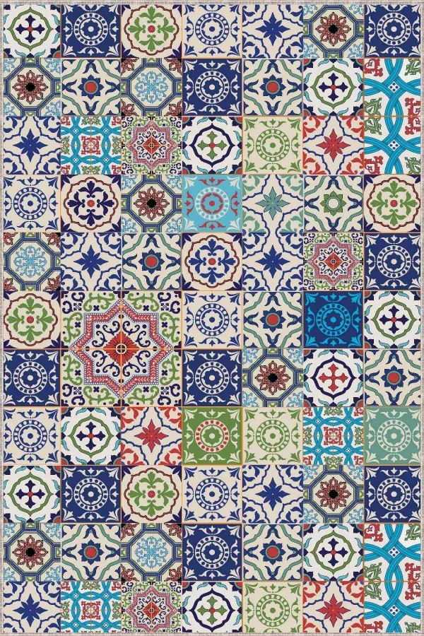 4 Metre Kilim Yolluk Renkli Kaymaz Çini Desen Kesme Rulo Özel Ölçülü Yolluk AR499