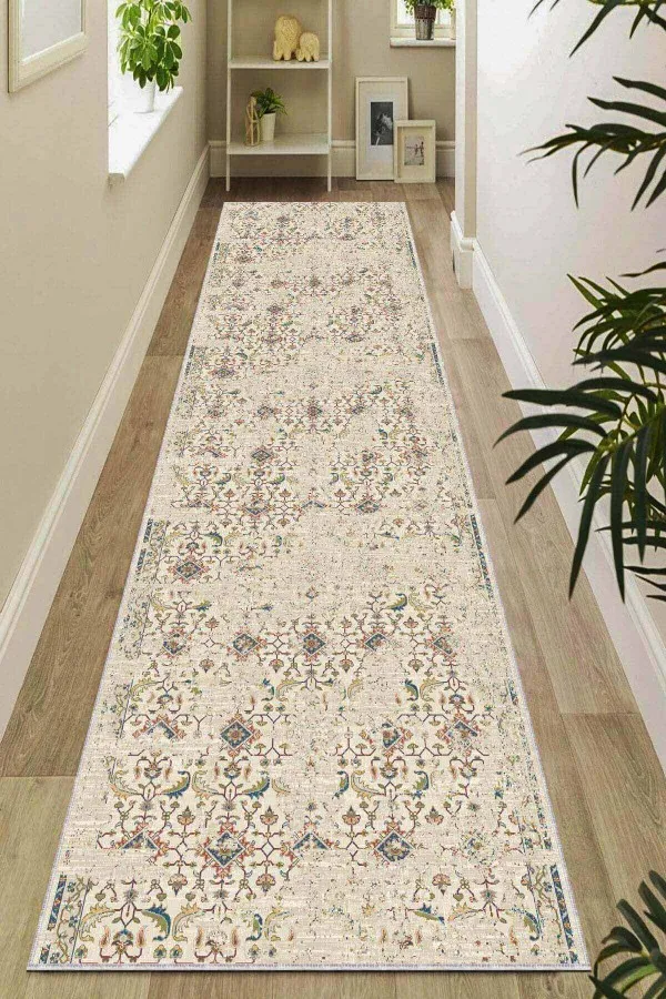 80 Cm Yolluk Halı Krem Kaymaz Klasik Motifli Kesme Rulo Özel Ölçü Yolluk AR652
