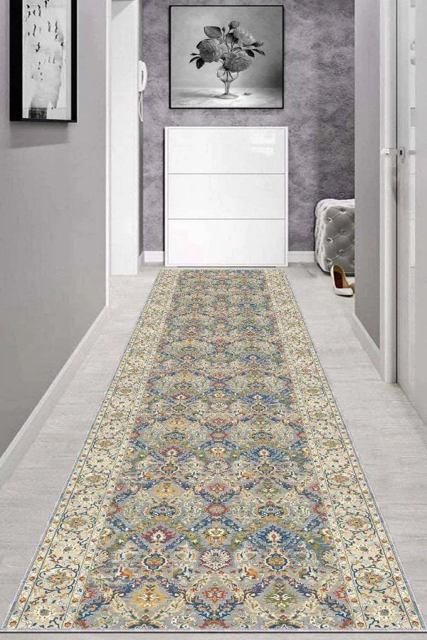 80X200 Yolluk Mavi Kaymaz Klasik Motifli Kesme Rulo Özel Ölçü Yolluk AR658