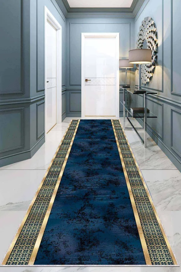 80X120 Yolluk Lacivert Gold Kaymaz Çerçeveli Özel Ölçü Rulo Yolluk AR721