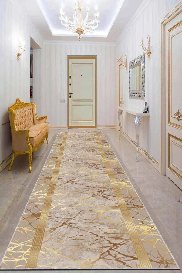 Yumuşak Yolluk Halı Bej Gold Kaymaz Çerçeveli Kesme Rulo Özel Ölçü Yolluk AR755